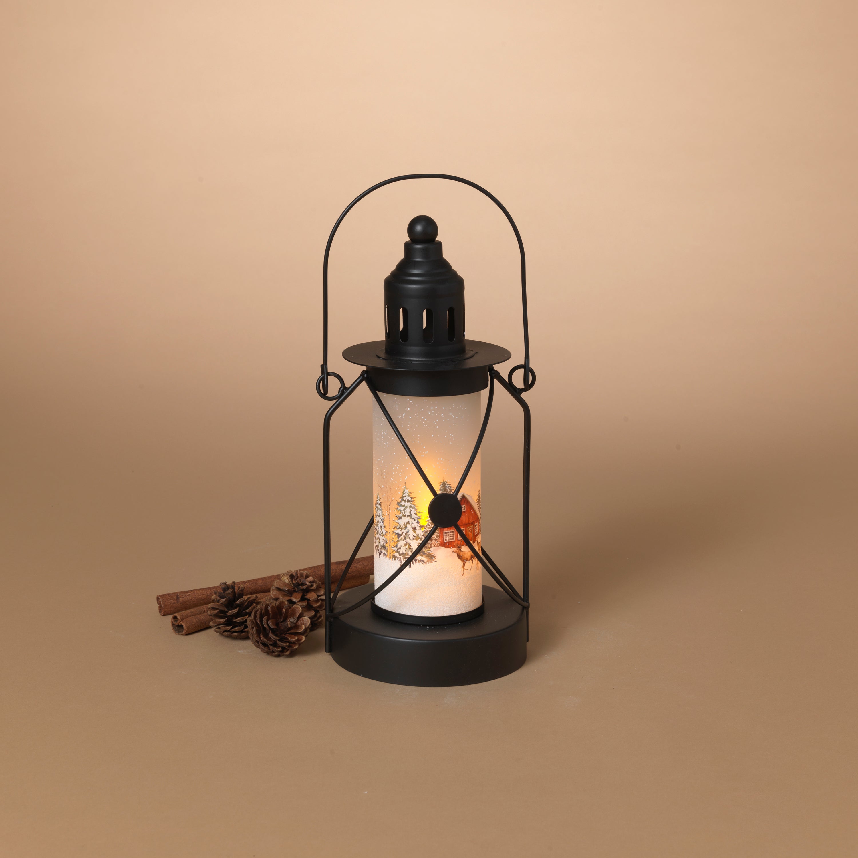 Woodland 12.8 in H Battery Operated Lighted Metal and Glass Holiday Fire Glow Lantern