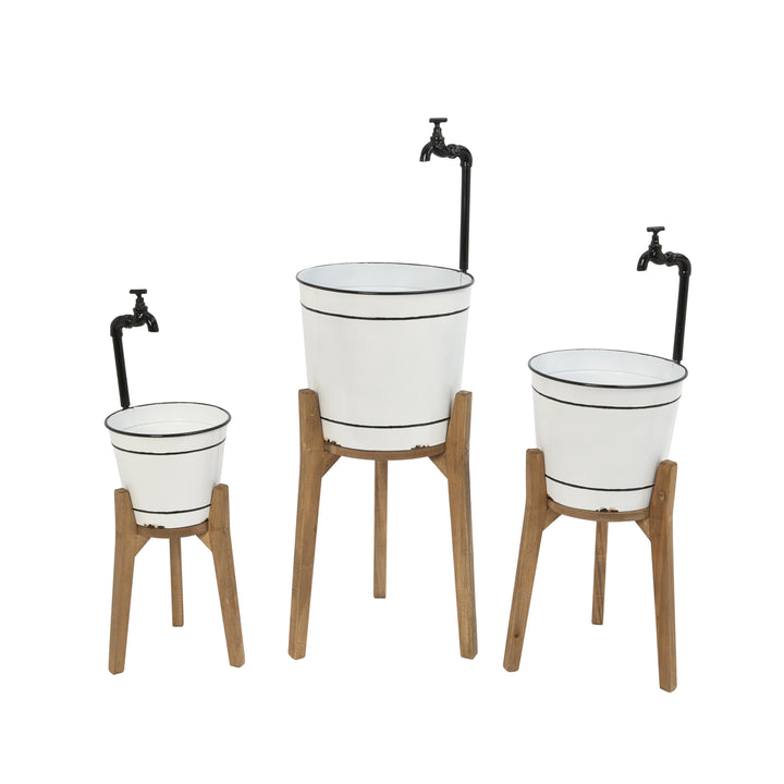 Set of 3 Rustic Metal Faucet Planters with Wooden Stand 2570060EC