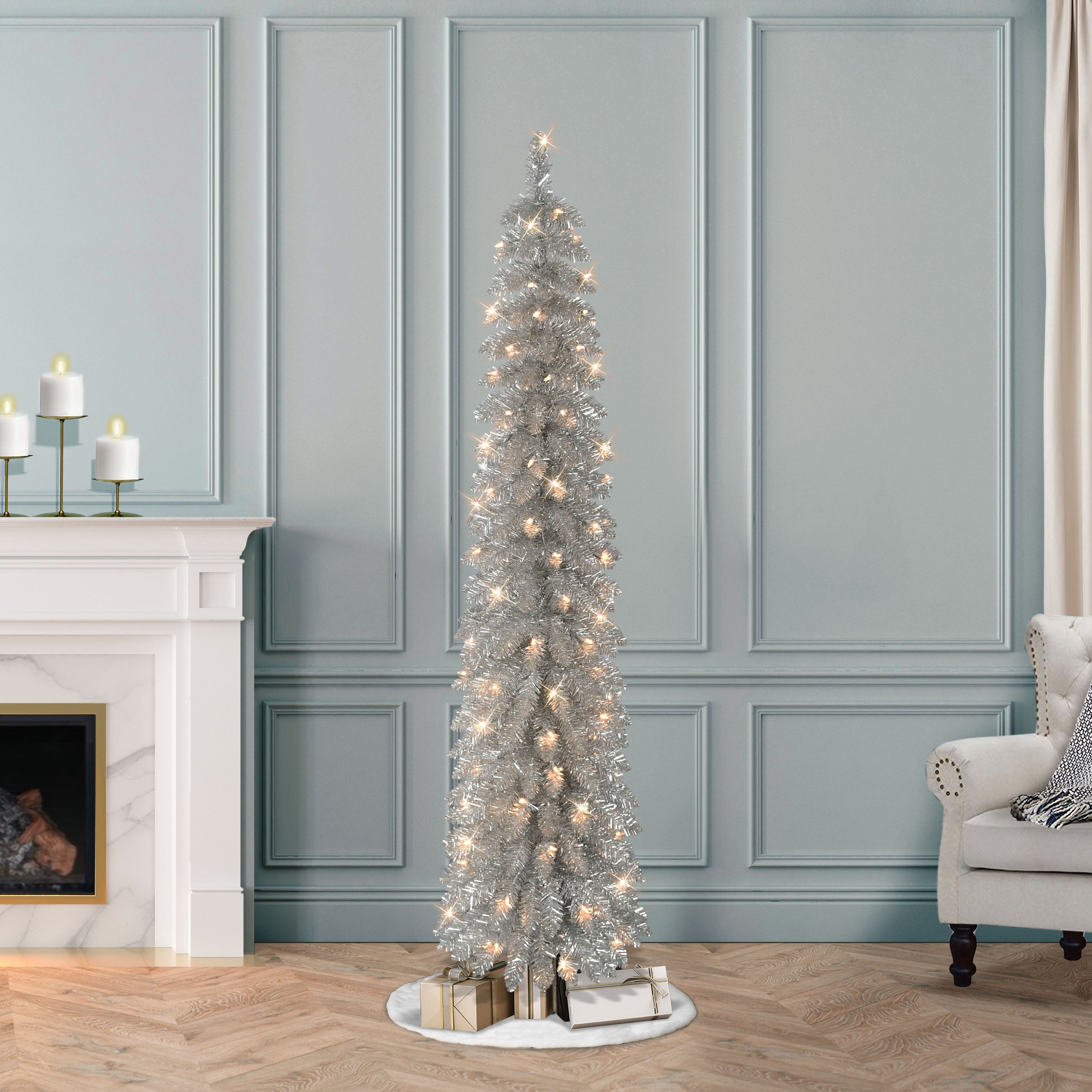 6' Pre-Lit Alpine Silver Pencil Tree