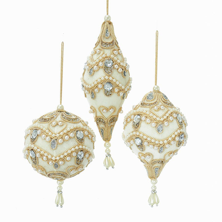 3.5-7" Ivory Velour with Silver, Gold & White Accents & Trim Ball/Onion/Finial Hanging Ornament, 3 Assorted #S4361