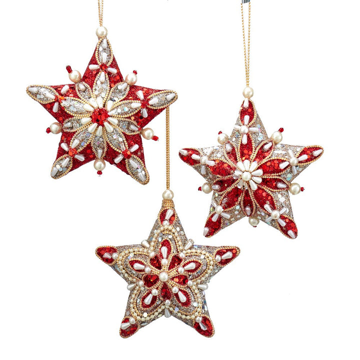 5.5" Ruby & Platinum Beaded & Pearl Star Ornament, 3 Assorted #S4395