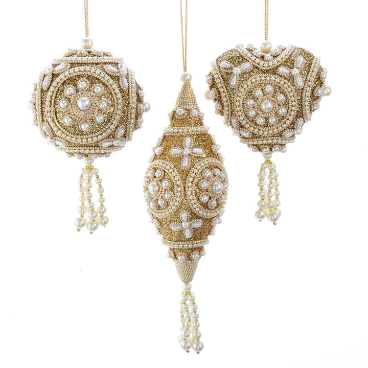 3.5-7" Cathedral Windows with Gold Glitter and Pearl Ornaments, 3 Assorted #S4402