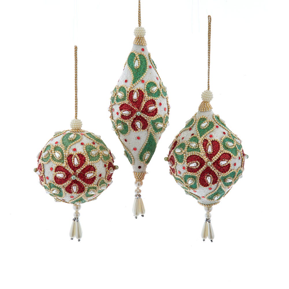 3-7" Red, White and Green Drop/Ball/Heart Ornament, 3 Assorted S4473