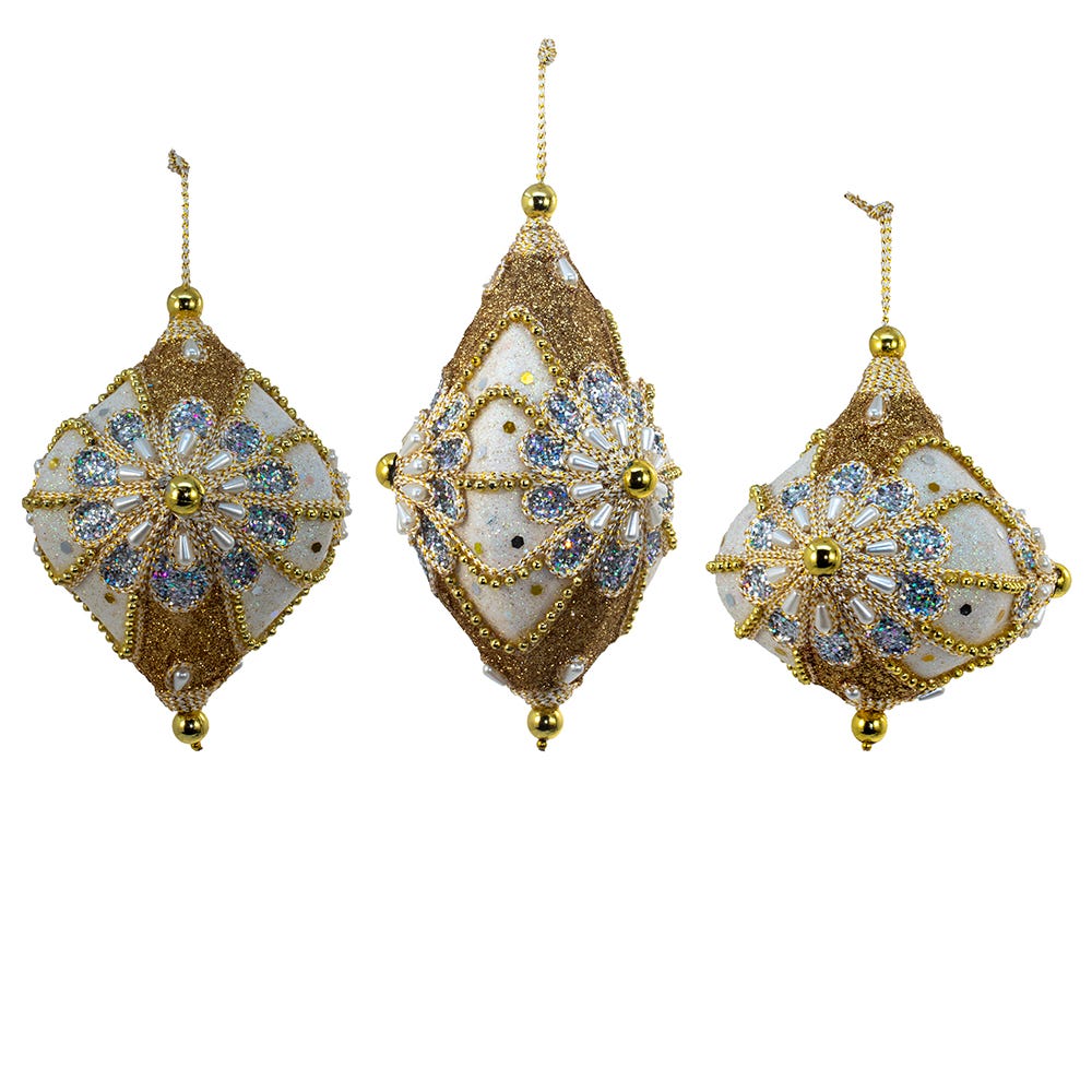 4-6" White, Gold and Silver Onion/Drop/Finial Ornament, 3 Assorted S4475