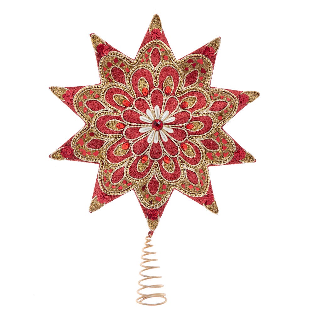 Kurt Adler 16-Inch Un-lit Ruby Red and Gold Star Tree Topper adorned with Pearl Accents S4481