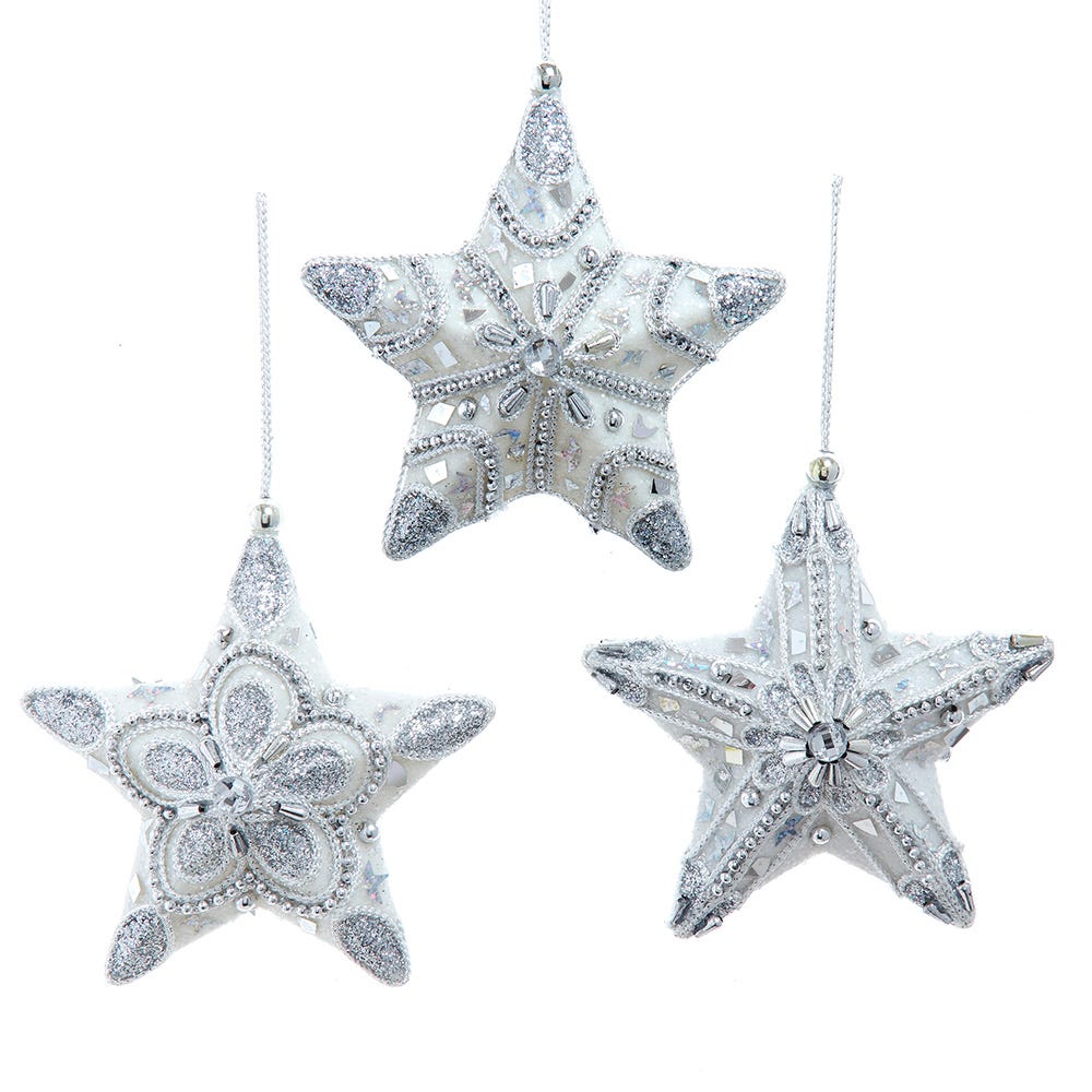 5" White and Silver Star Ornament, 3 Assorted S4483