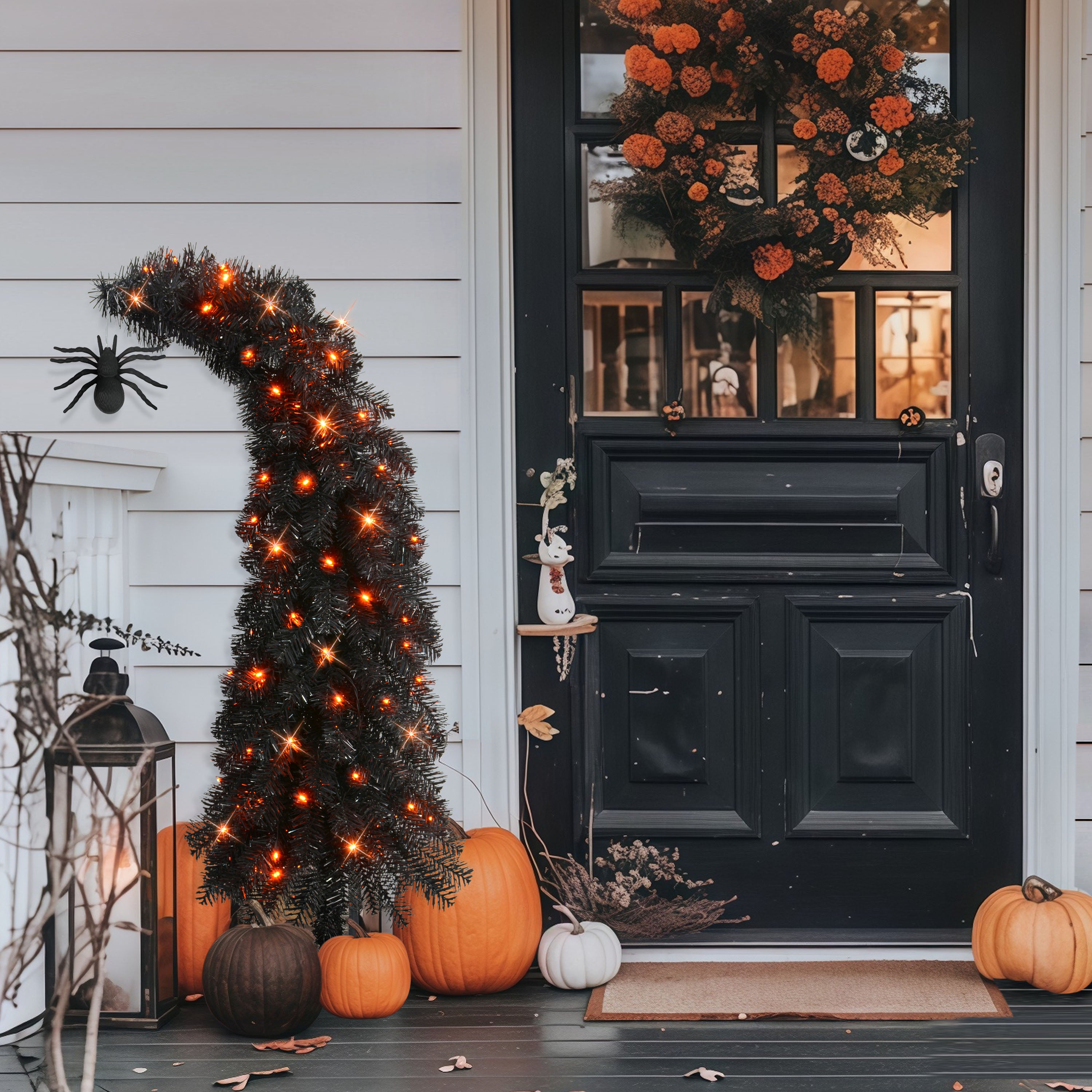 4' Pre-Lit Black Tinsel Whimsical Halloween Tree