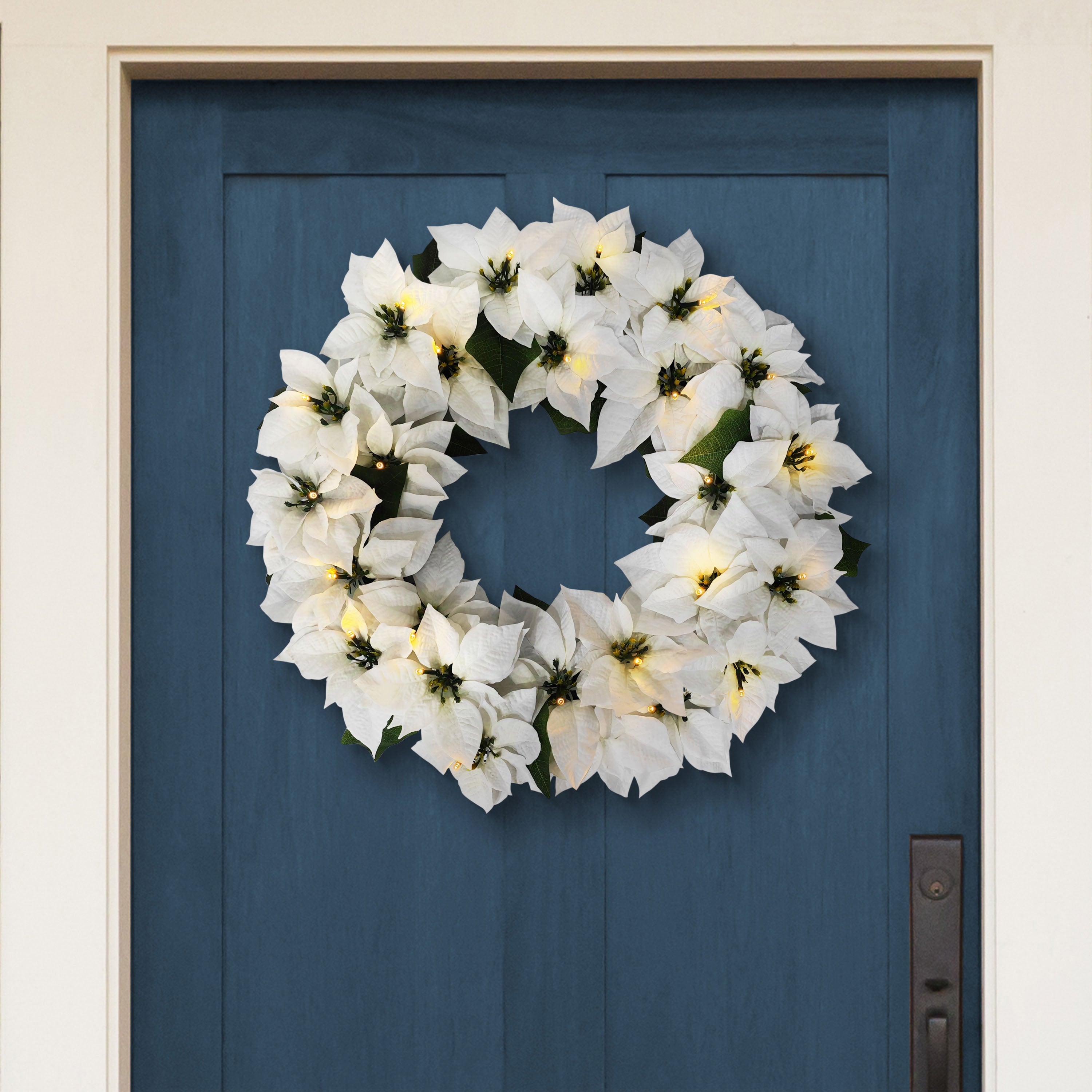 24" Pre-Lit Battery-Operated White Poinsettia Wreath