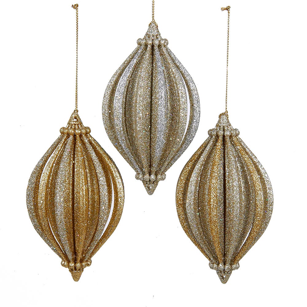 4.5" Gold Glitter Finial Ornament, 3 Assorted T1659
