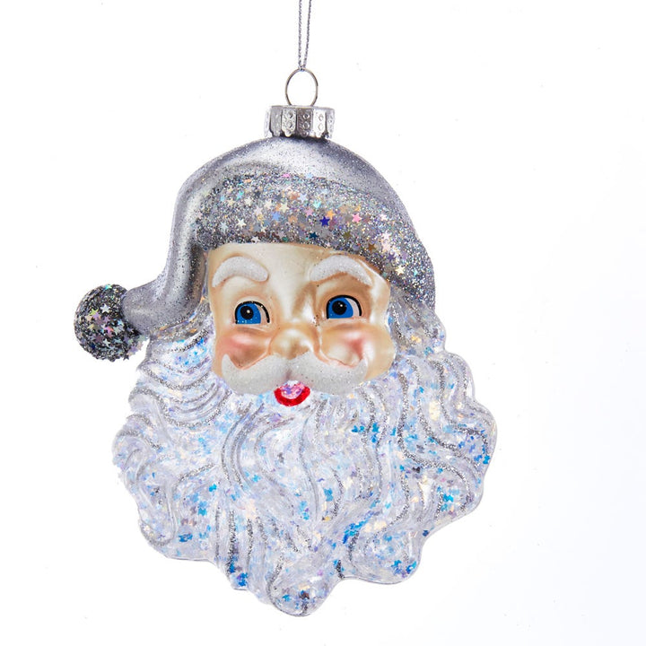 5" Glass Santa Face with Silver Glitter Ornament #T2622