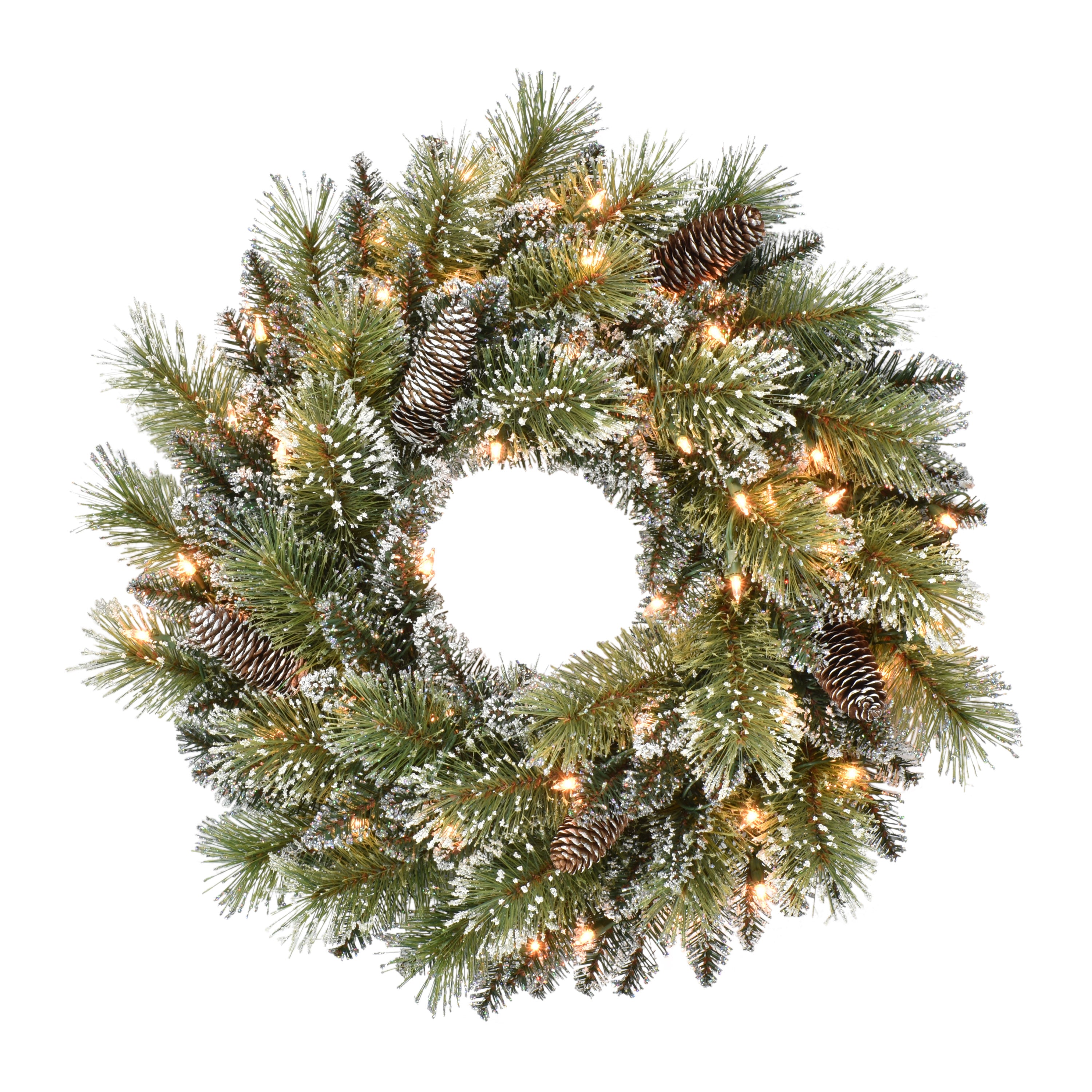 24 in Pre-Lit Snowy Wreath with 50 UL Clear Lights Pinecones Indoor/Outdoor Use Green W7161A-24C05