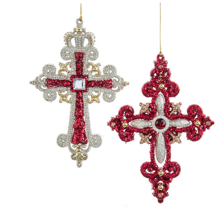 6.3" Regal Red & Platinum Cross with Clear Stone Ornament, 2 Assorted #T3264