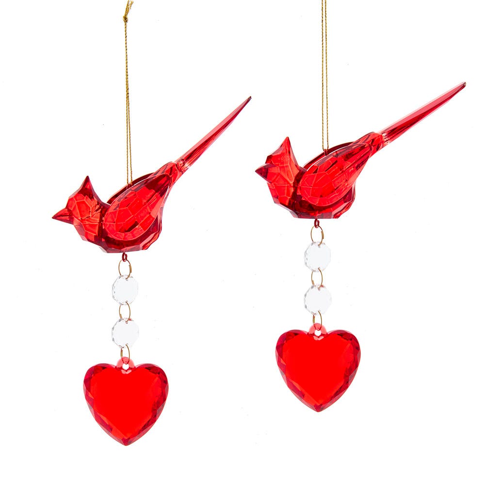 5.125" Cardinal with Heart Dangling Ornament, 2 Assorted #T3317