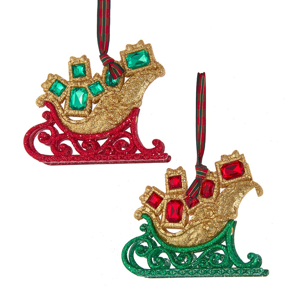 3.7" Glitter Sleigh with Gifts Ornament, 2 Assorted #T3359