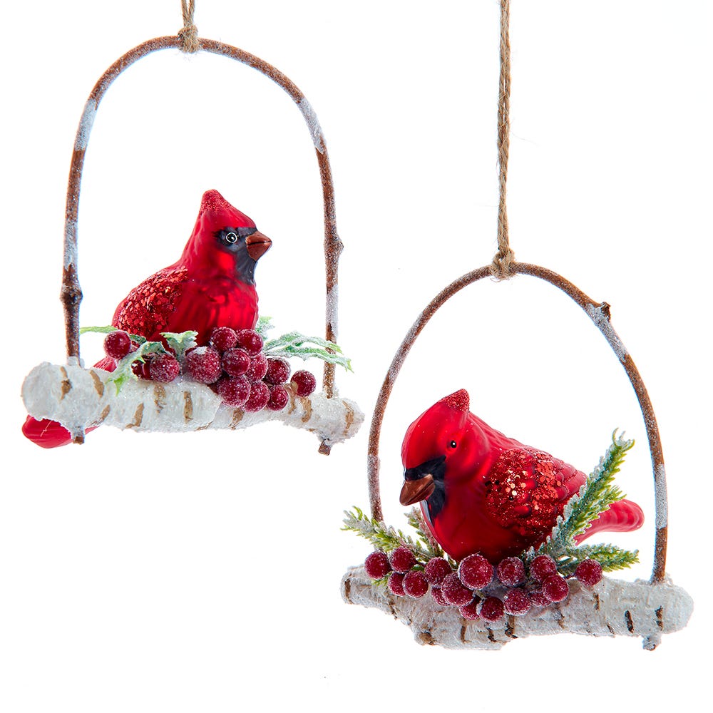 4.63" Glass Cardinal on Branch Ornaments #T3401