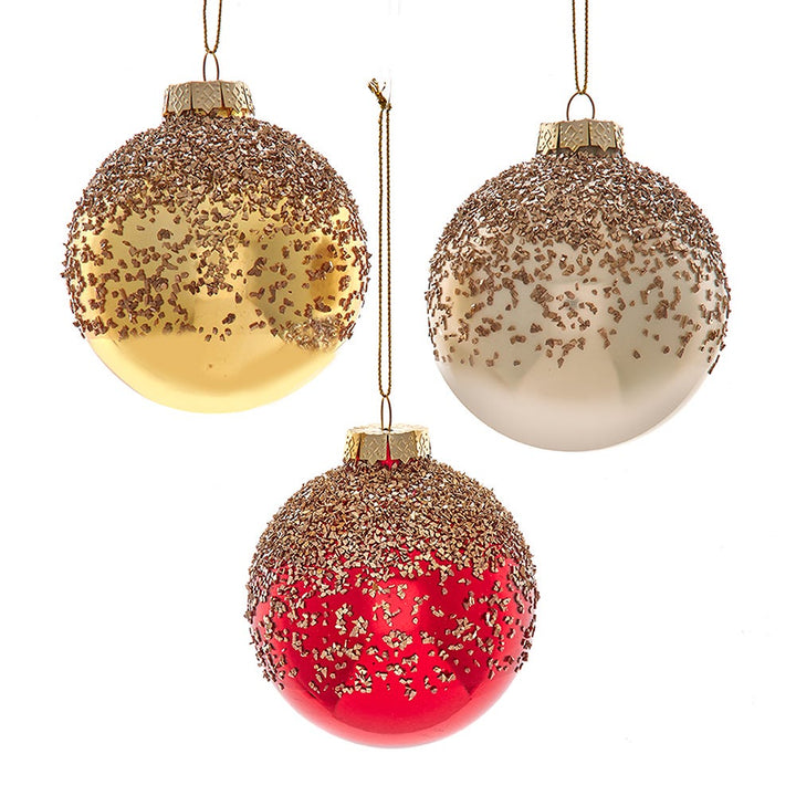 80mm Glass Red/Gold/Ivory with Chunky Glitter Ornament, 3 Assorted #T3446