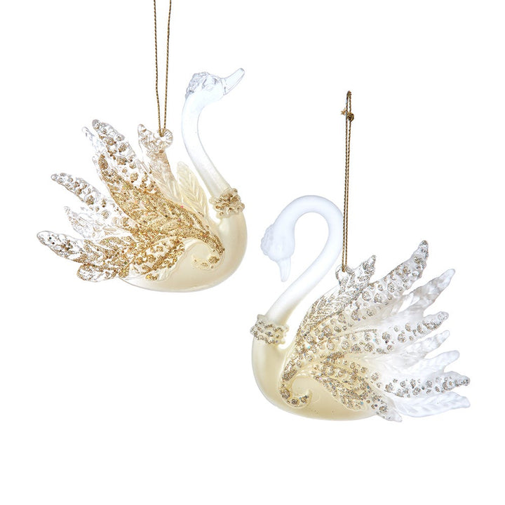 3.9-4.1" Ivory & Gold Swan Ornament, 2 Assorted #T3458