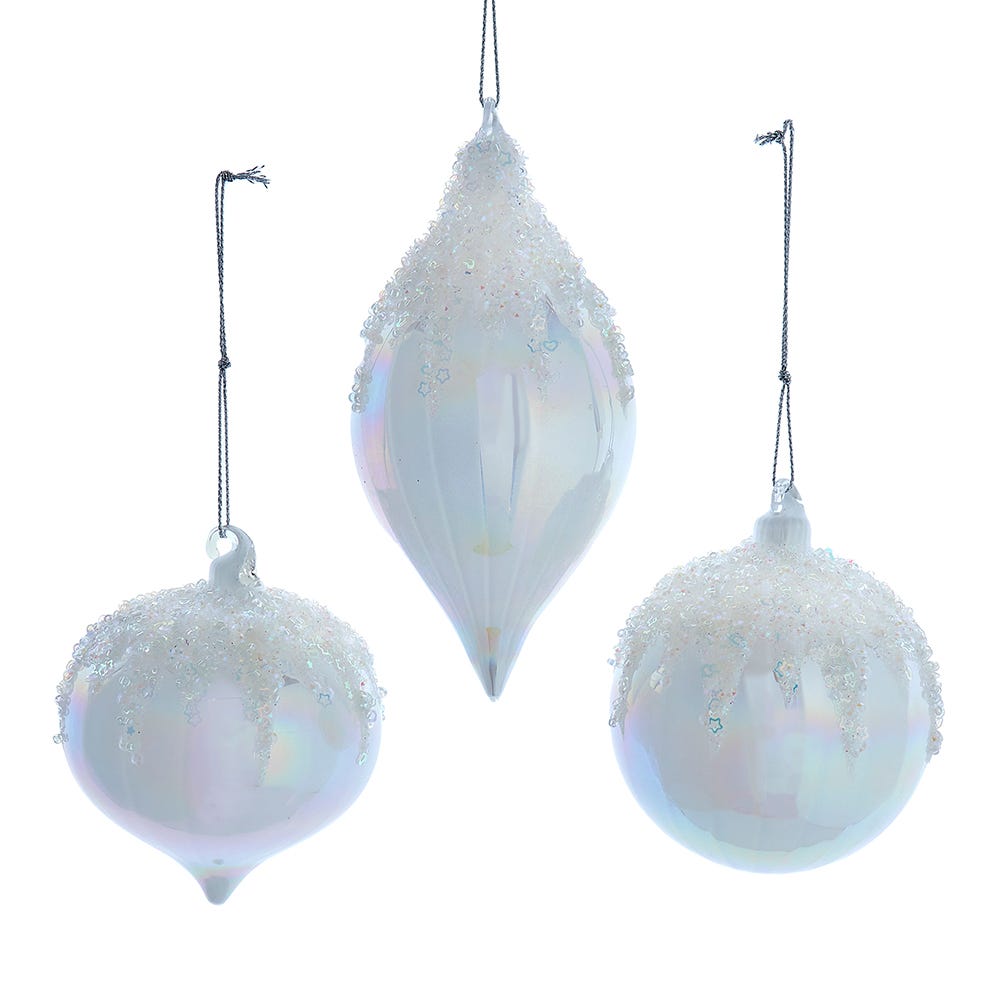 70-80mm White Glitter Ball/Onion/Finial, 3 Assorted #T3551