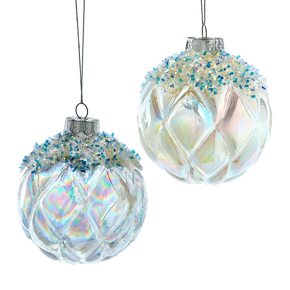 100mm Glass White & Clear Glitter Ball Ornament, 2 Assorted #T3552