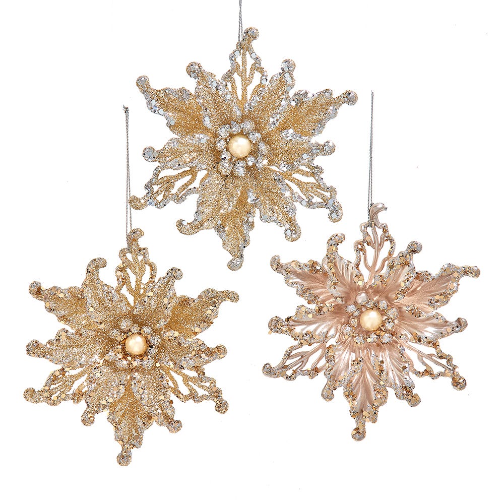 4.7" Platinum Poinsettia Ornament, 3 Assorted T3567