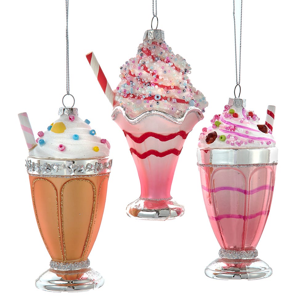5.1" Glass Ice Cream Float with Straw Ornament, 3 Assorted T3594