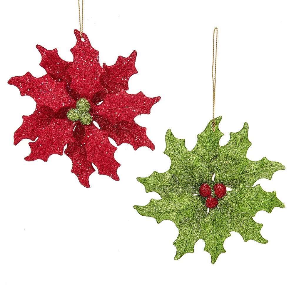 4.6" Red and Green Glitter Holly Leaf Ornament, 2 Assorted T3636