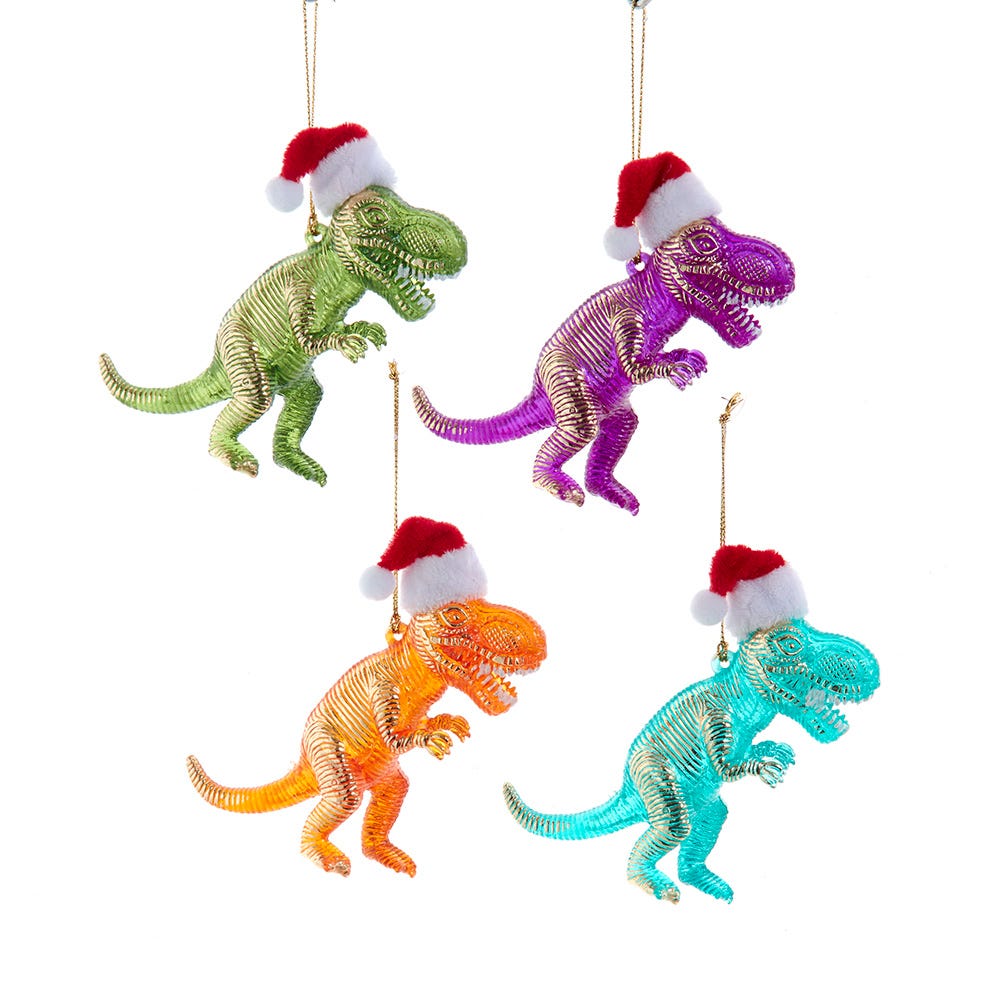3.7" Colorful Dinosaur with Santa Hat Ornament, 4 Assorted T3728