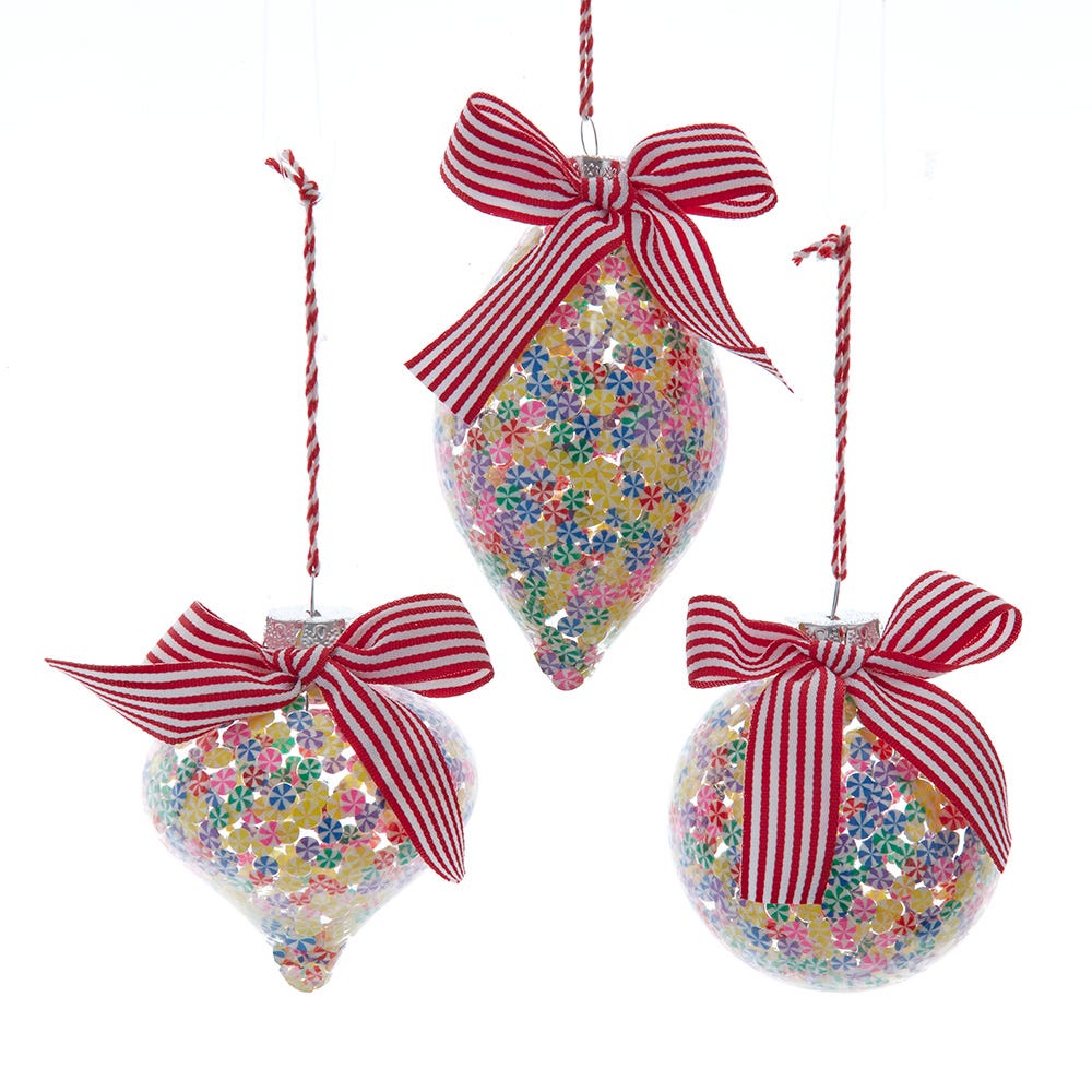 70-80mm Candy Pattern Glass Ball with Bow Ornament, 3 Assorted T3737