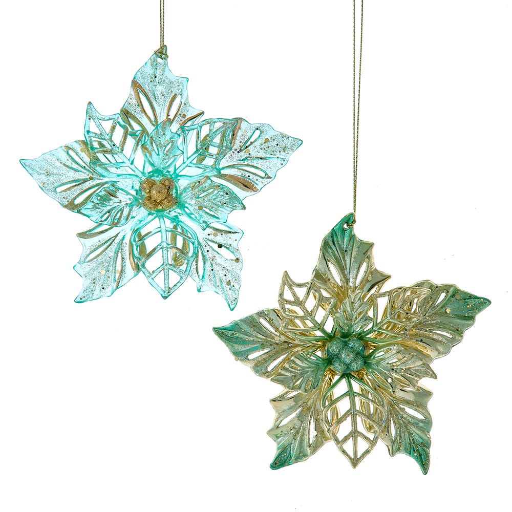 5.5" Aqua & Gold Poinsettia Ornament, 2 Assorted T3742