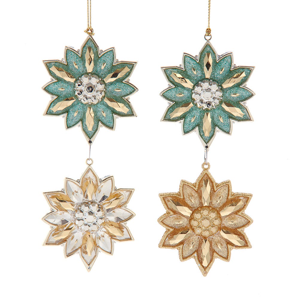 5.7" Aqua & Gold Flower with Dangle Ornament, 2 Assorted T3744