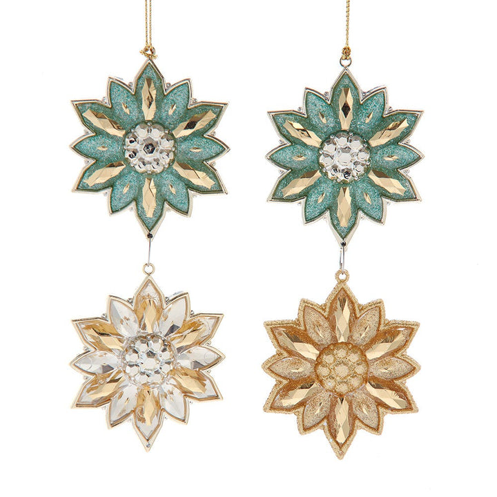 5.7" Aqua & Gold Flower with Dangle Ornament, 2 Assorted T3744