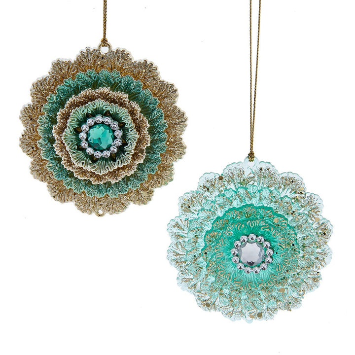 3.2" Aqua & Gold Flower Ornament, 2 Assorted T3745