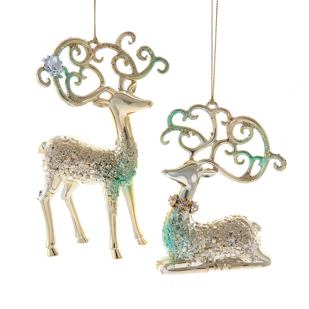 5.7" Aqua & Gold Standing/Sitting Deer Ornament, 2 Assorted T3747