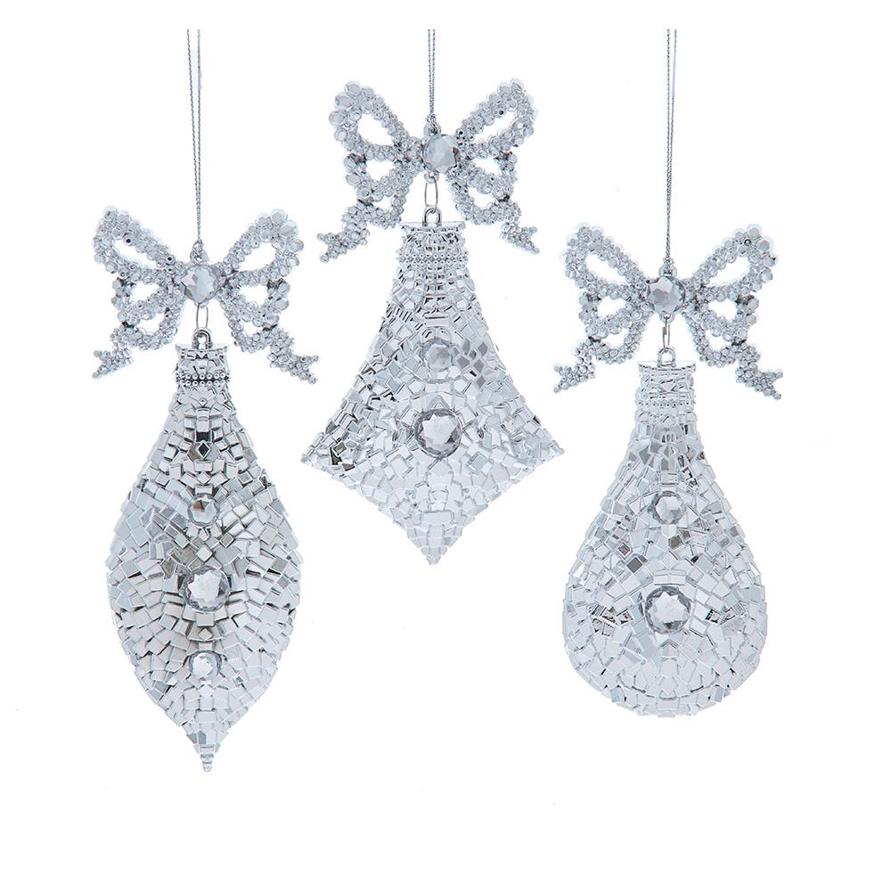 7.3" Silver Finial/Drop/Diamond with Bow Ornament, 3 Assorted T3752