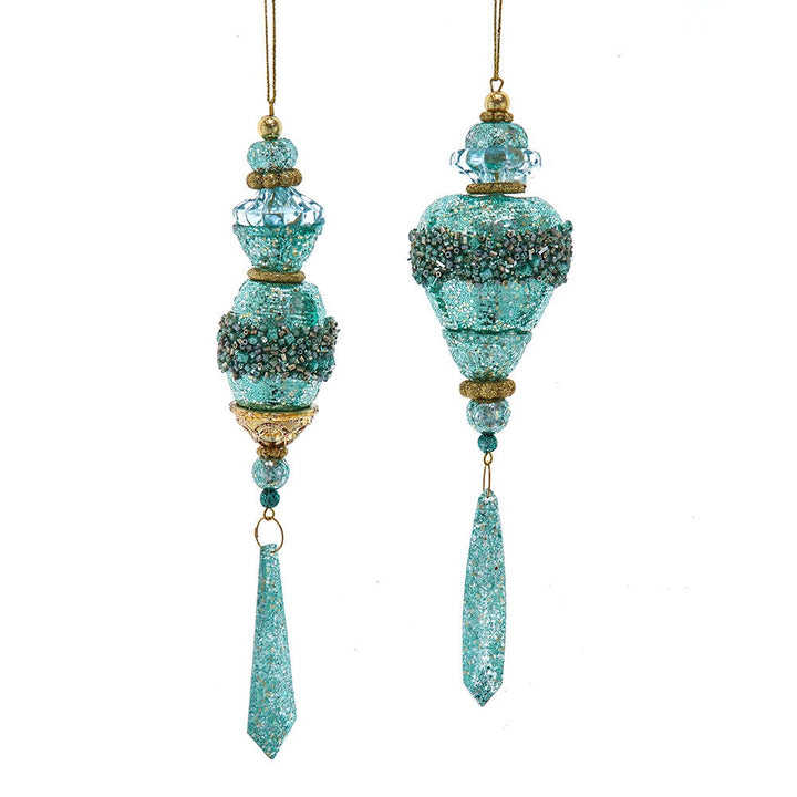 6.5" Aqua & Gold Finial/Drop Ornament with Dangle, 2 Assorted T3765