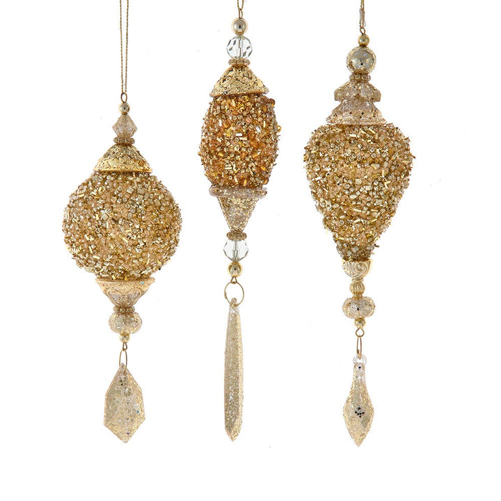 6.5-8" Gold Finial/Ball/Drop with Dangle Ornament, 3 Assorted T3766