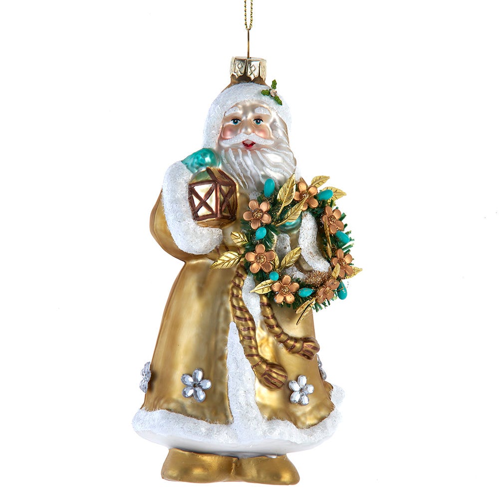 6.25" Aqua & Gold Glass Santa Ornament T3767