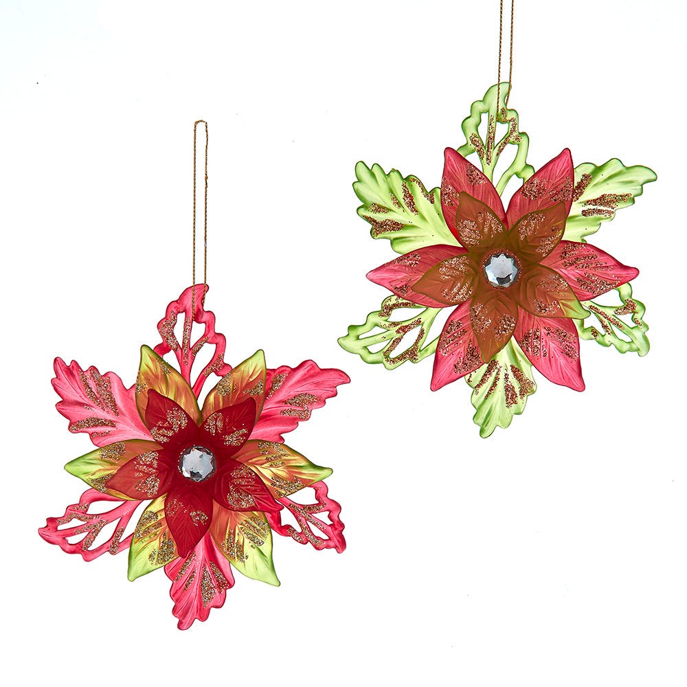 5.4" Red and Olive Green Poinsettia Ornament, 2 Assorted T3790