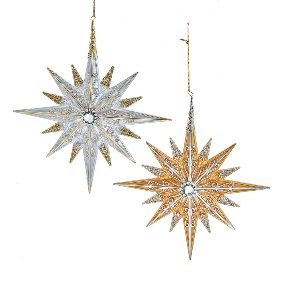 4.9" Silver and GOld Star with Clear Gem Ornament, 2 Assorted T3808