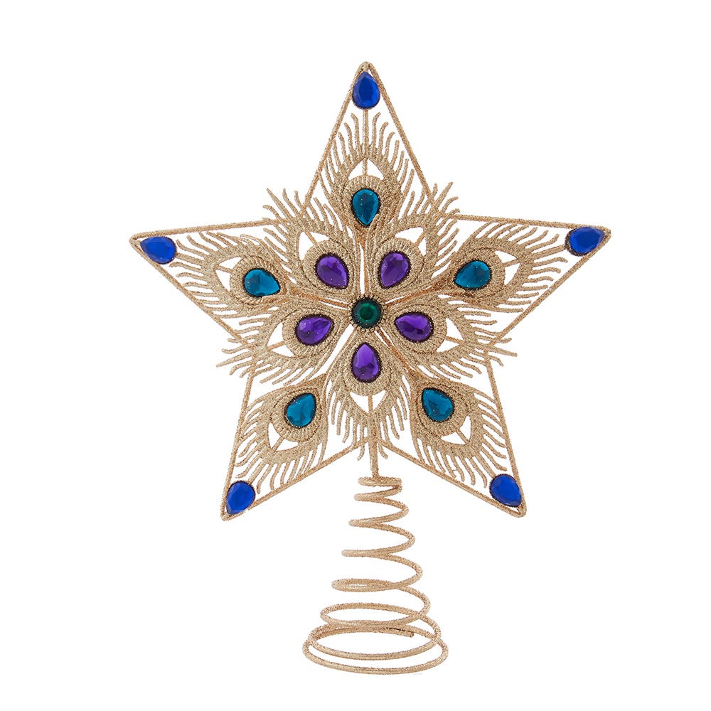11.5" Gold with Peacock Gem Stones Star Treetop T3817