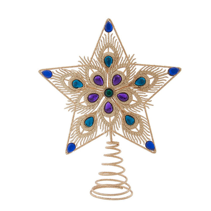 11.5" Gold with Peacock Gem Stones Star Treetop T3817