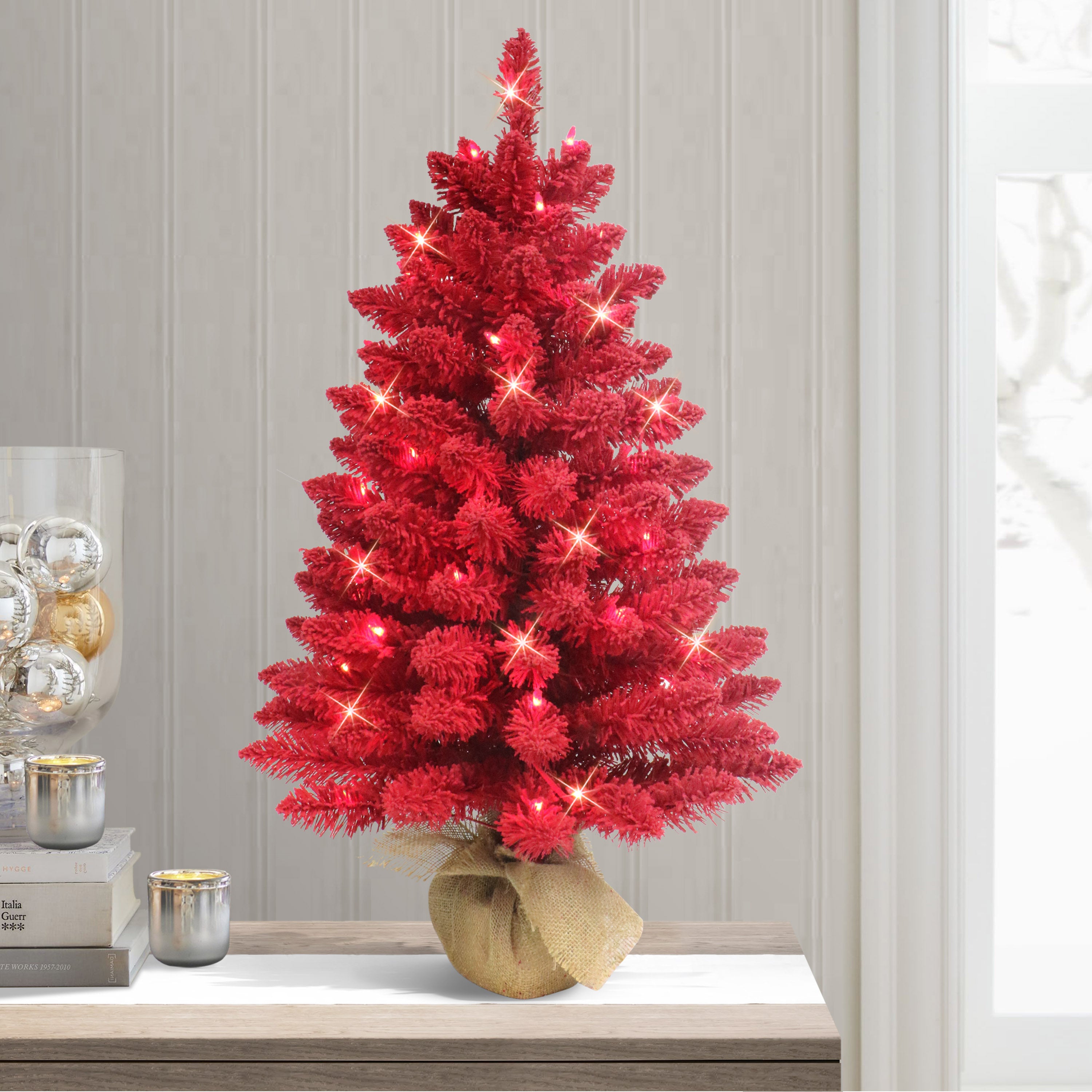 3' Pre-Lit Flocked Fashion Red Tree