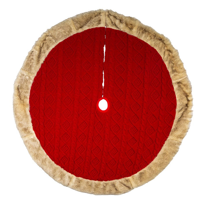 Kurt Adler 48-Inch Red Knit Tree Skirt with Tan Faux Fur Border