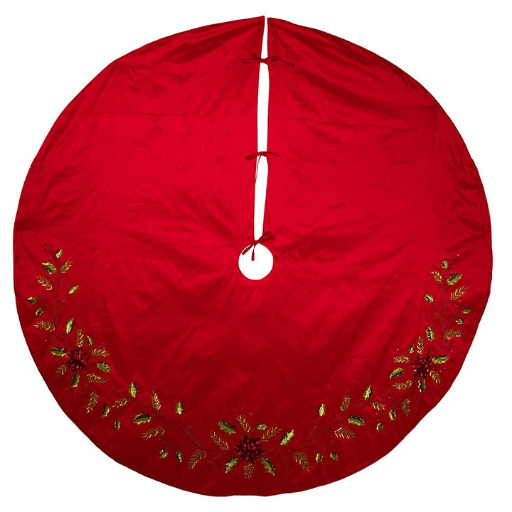 Kurt Adler 72-Inch Red Dupion Tree Skirt with Multi Sequin Poinsettia