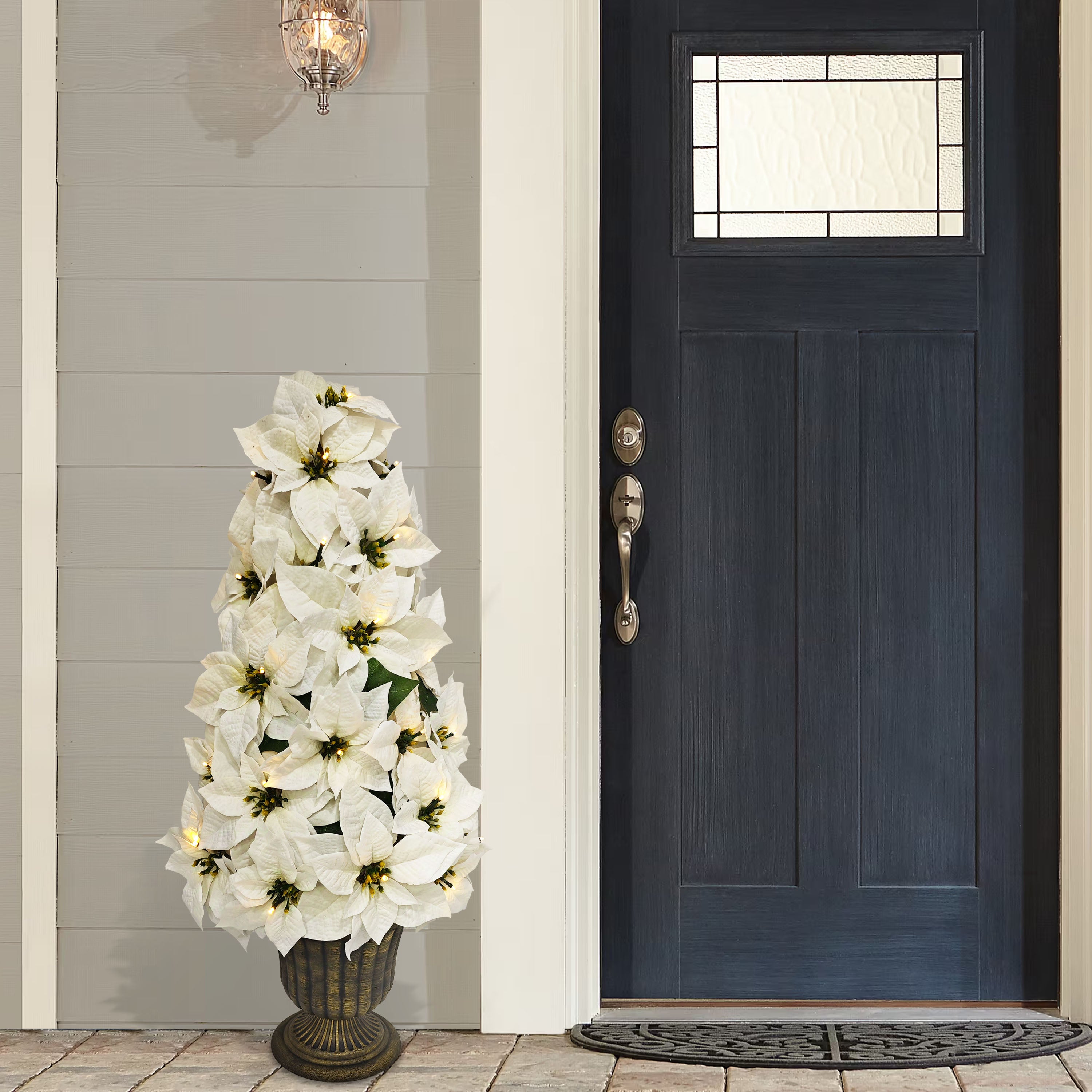 36" Pre-Lit Battery-Operated Potted White Poinsettias