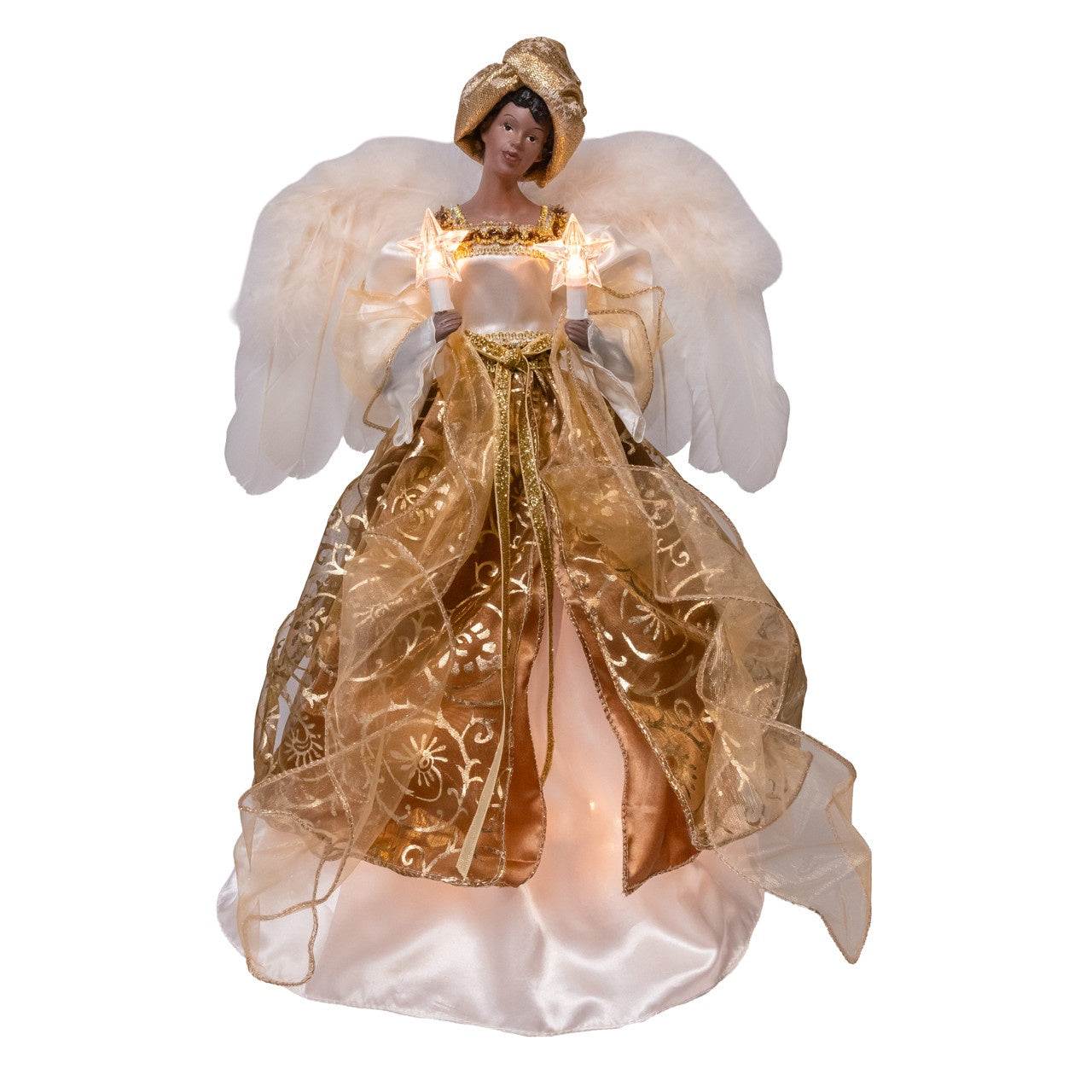 Kurt Adler 16" 10L Ivory & Gold African American Angel Tree Topper #UL2256
