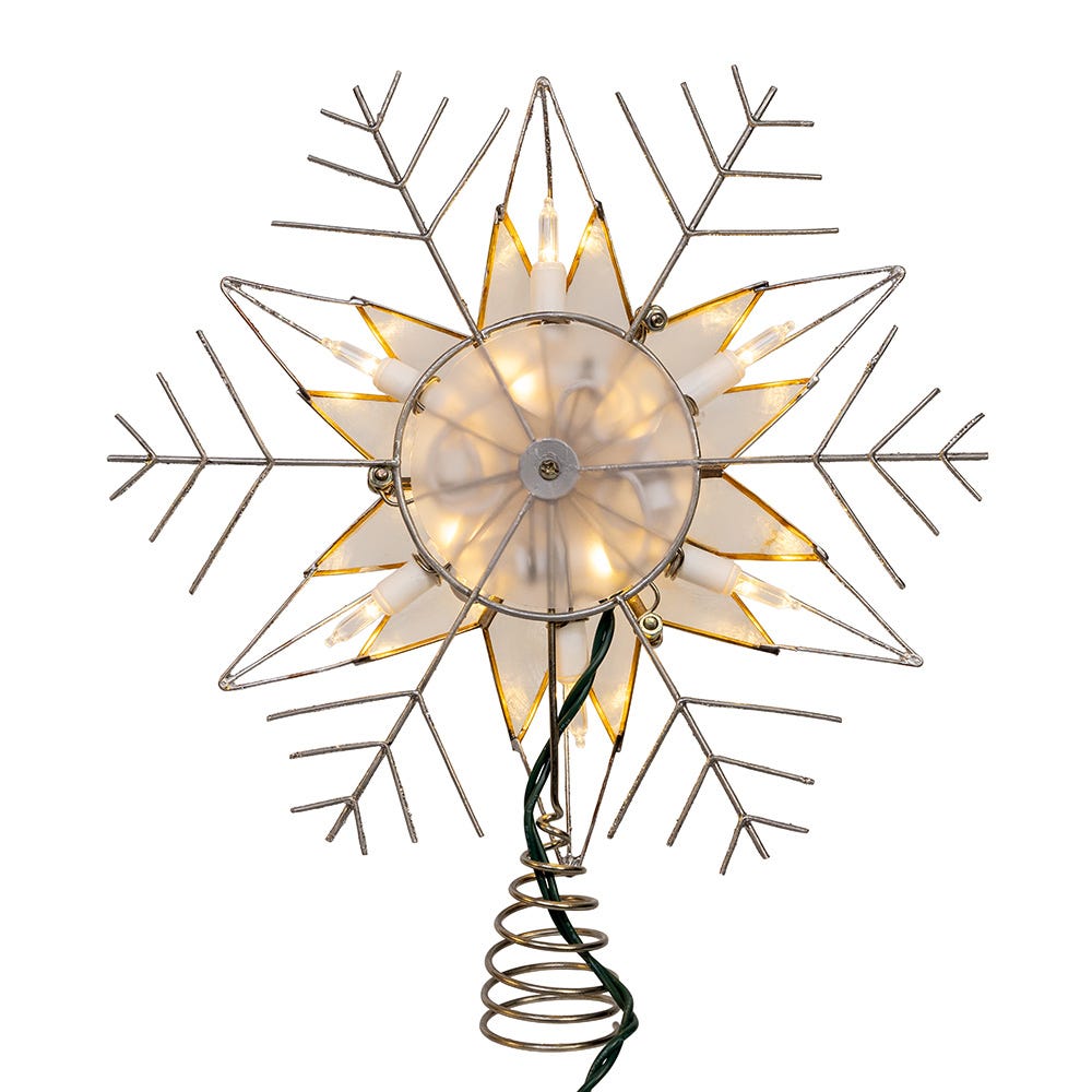 Kurt Adler 10-Inch 10-Light LED Silver Capiz and Snowflakes Tree Topper