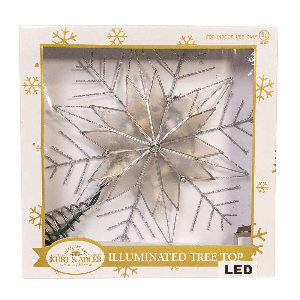 Kurt Adler 10-Inch 10-Light LED Silver Capiz and Snowflakes Tree Topper