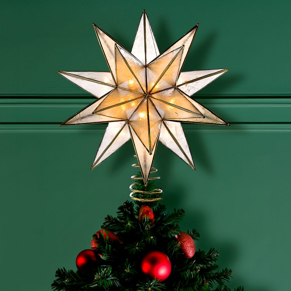 Kurt Adler 10-Light LED 15-Point Gold Sputnik Capiz Tree Topper