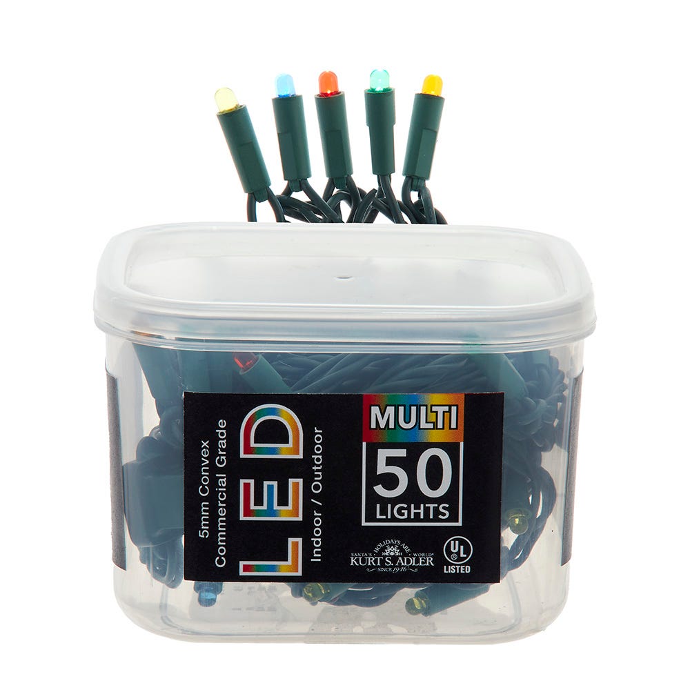 Kurt Adler festive 25.5-Foot UL 50-Light Convex Multicolor 5MM LED Green Wire Light Set. UL4127M